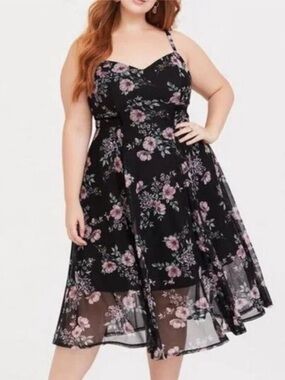 torrid Black Floral Midi Dress with Pink and Green Blooms